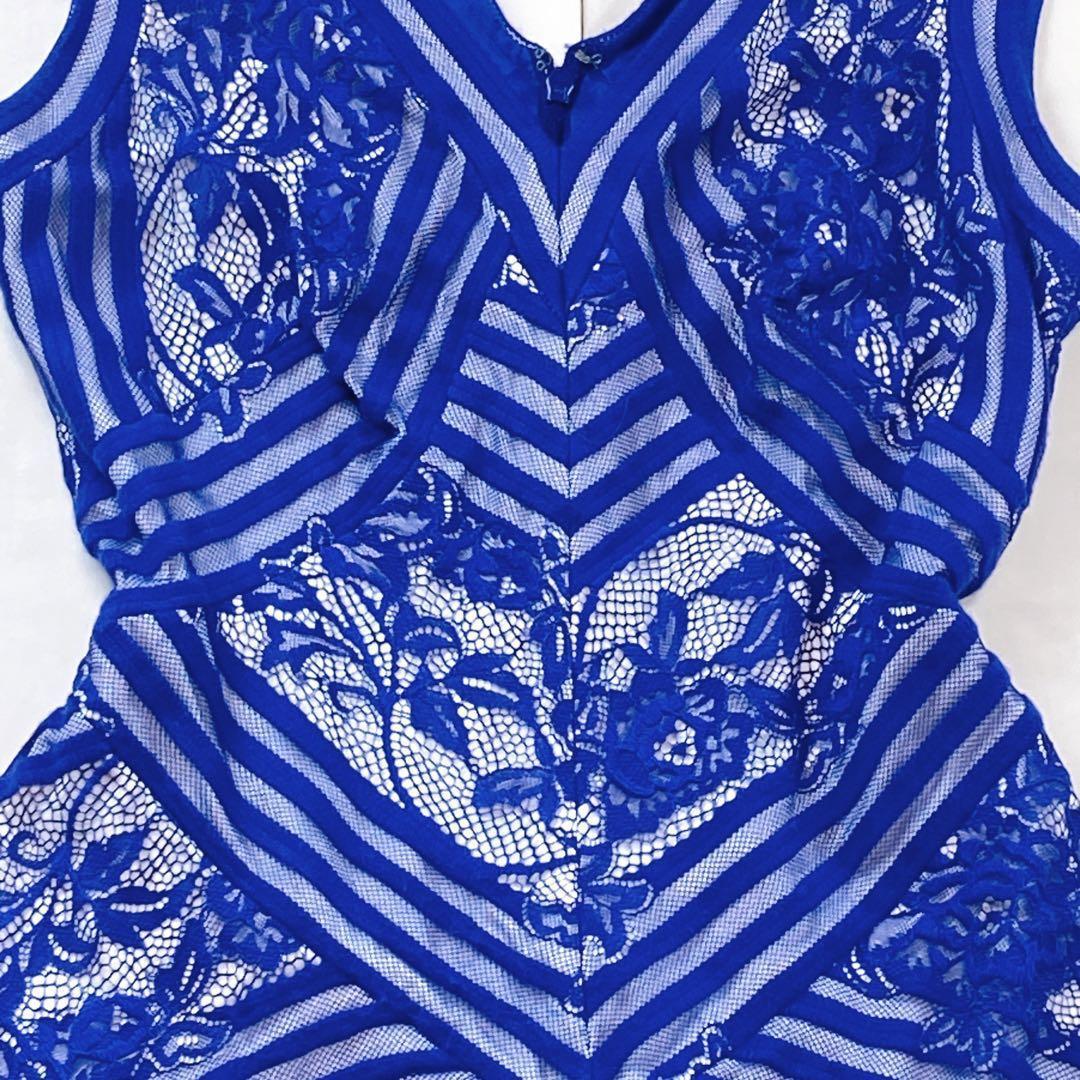 美品 タダシショージ 総レース 刺繍 フレアドレス ビビットブルー