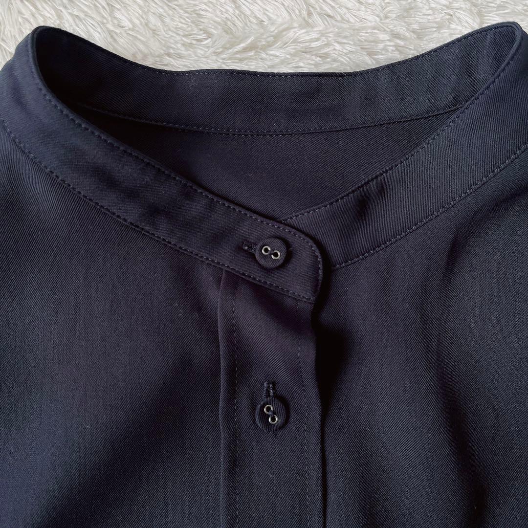 【美品】ソージュ バンドカラーワンピース オケージョンワンピース 濃紺とろみ素材