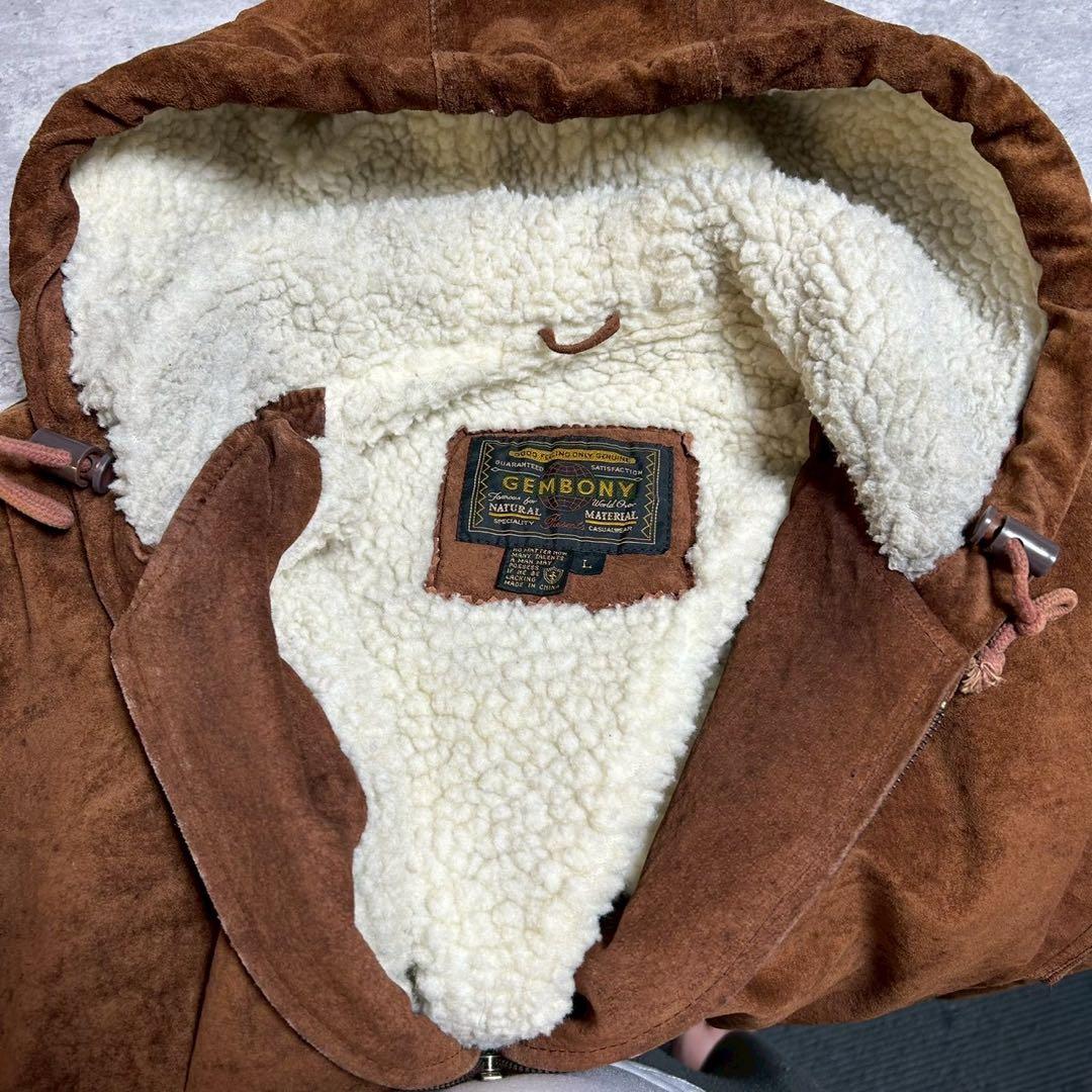 90s GEMBONY 豚革 スエード 裏ボア フーディーパーカー ジャケット