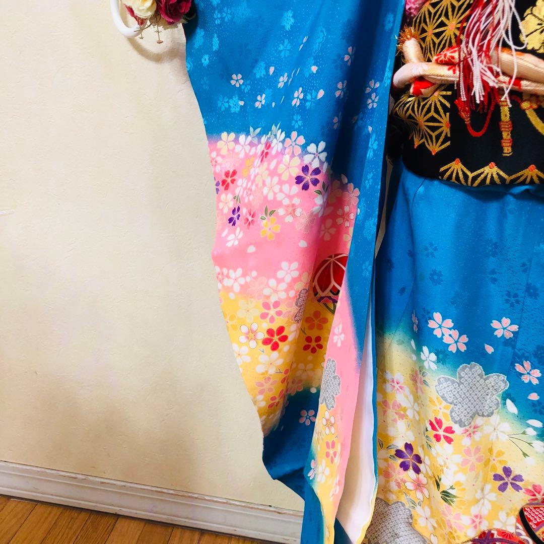 正絹豪華七五三7歳完全フルセット‼️可愛いBlue yellow手毬桜金彩煌びやか