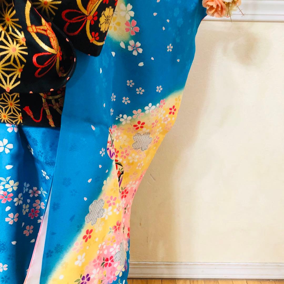 正絹豪華七五三7歳完全フルセット‼️可愛いBlue yellow手毬桜金彩煌びやか