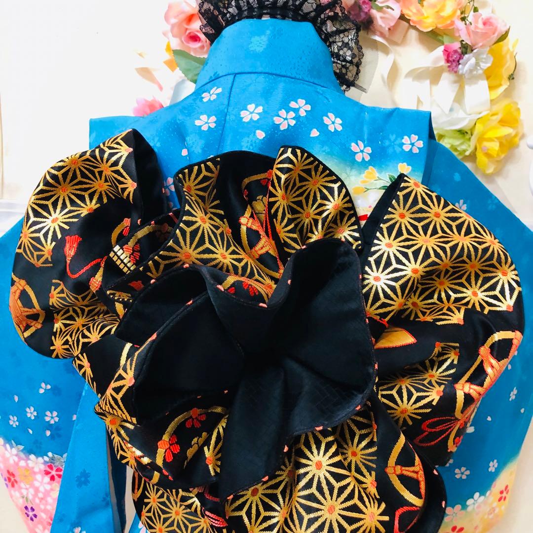 正絹豪華七五三7歳完全フルセット‼️可愛いBlue yellow手毬桜金彩煌びやか