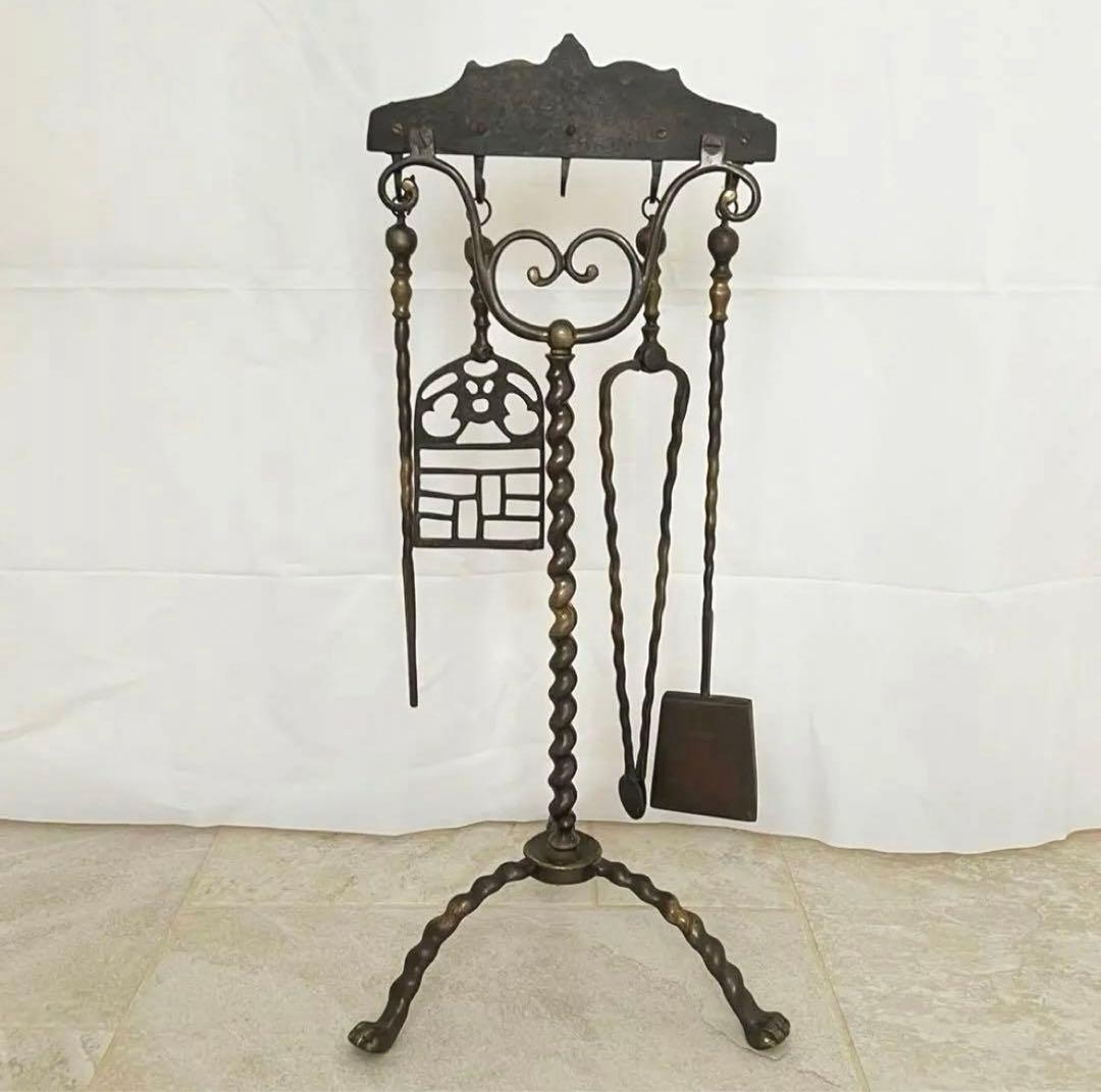 【希少】アンティーク 真鍮製 ファイヤーツール 暖炉 薪ストーブ 薪用具スタンド