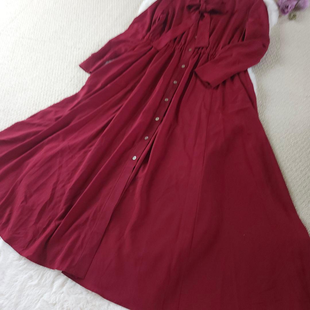 美品 23区 大草直子ボウタイ付き シャツ ワンピース ロング丈 ワインレッド