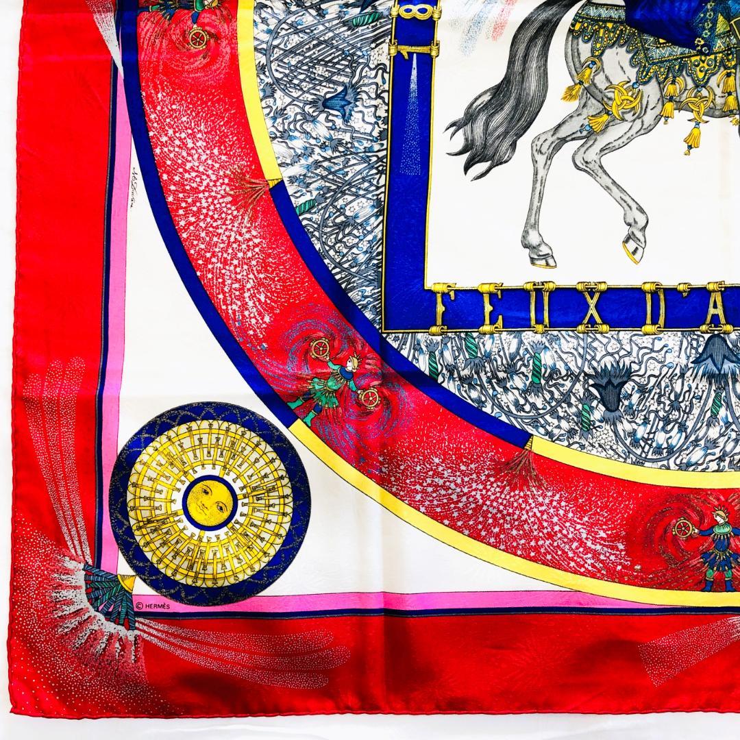 HERMES エルメス カレ90 技巧の火 スカーフ レッド系 タグあり
