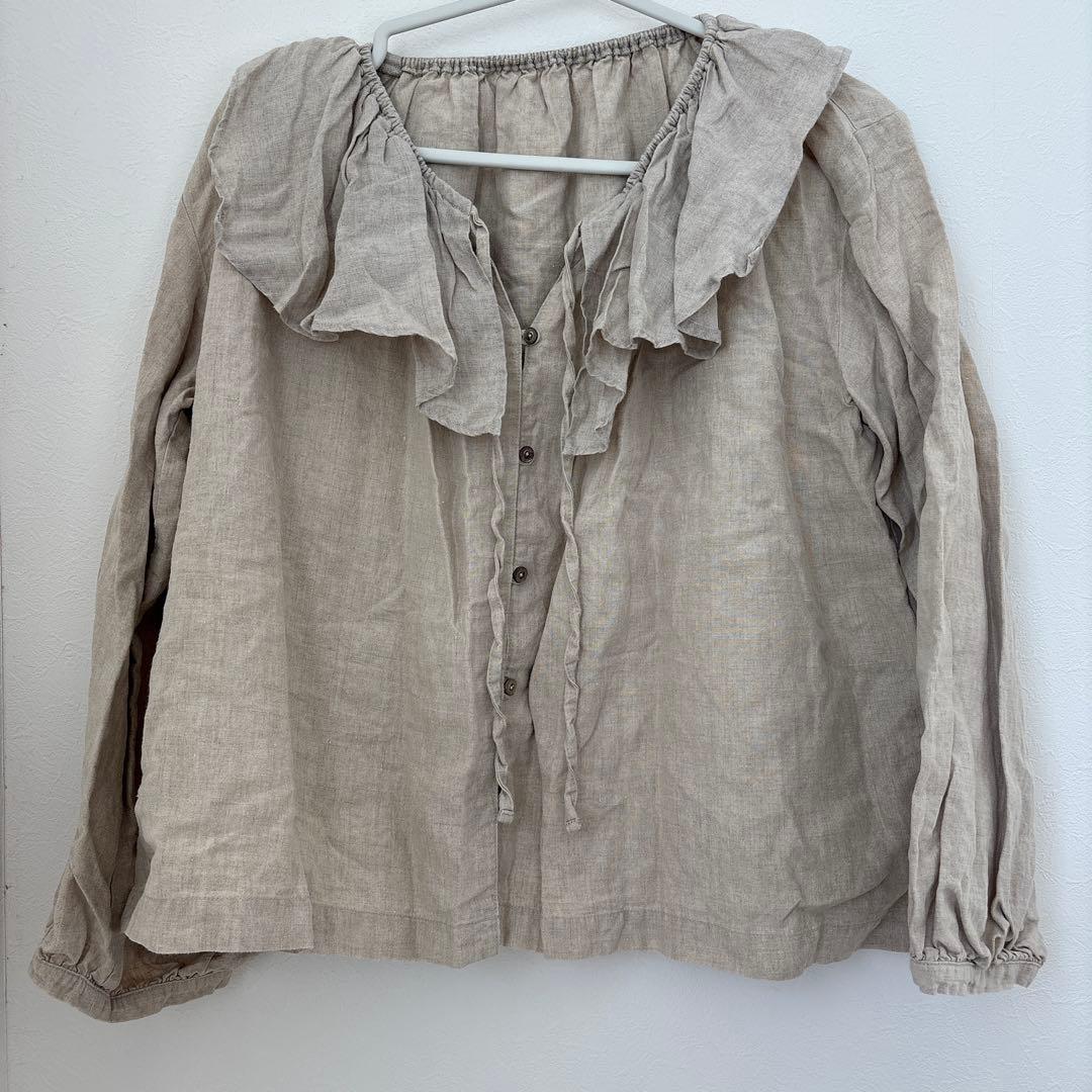 nest Robe upcyclelino ブラックリネンラッフルブラウス