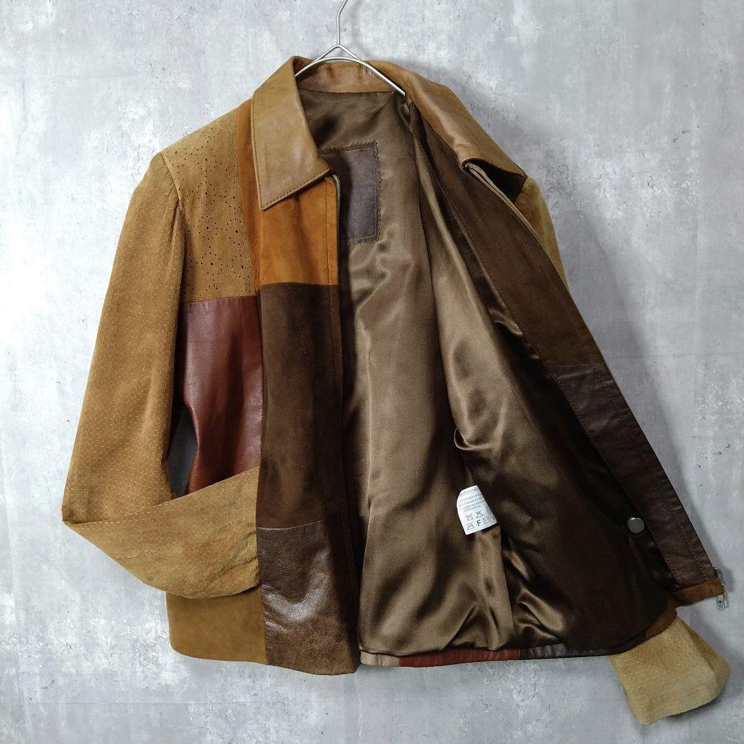 ＋希少＋ 再構築 パッチワーク レザージャケット 山羊革 ブラウン 襟付き
