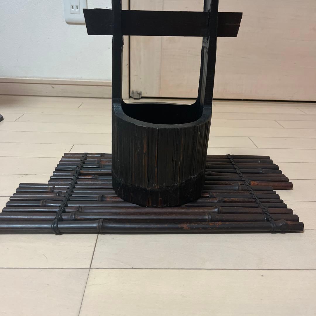 黒 籐 花器 円筒形 ハンドル付き