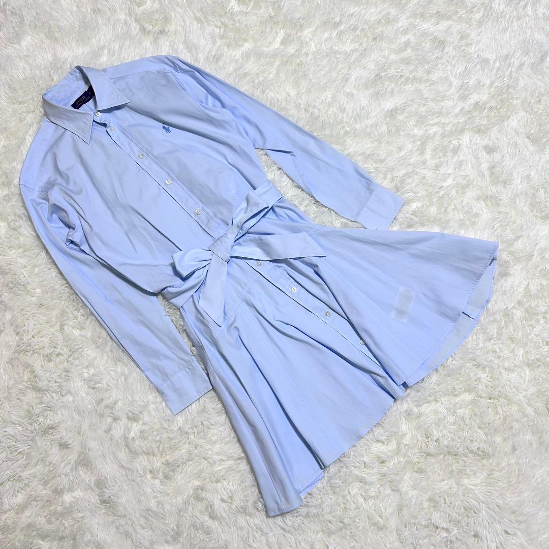専用　ポロラルフローレン　シャツワンピース　リボン　水色　フレア　綿　S
