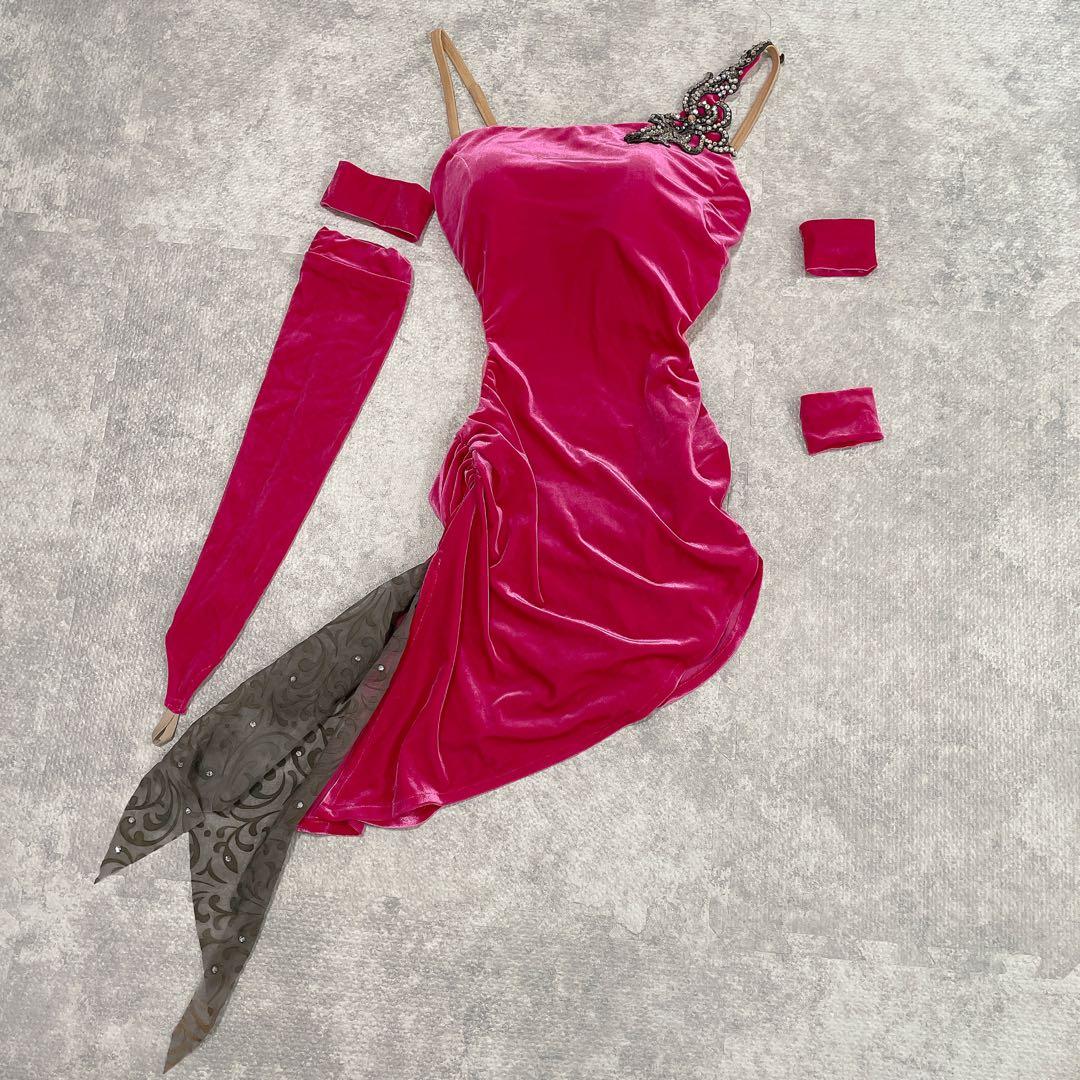 社交ダンスドレス ラテンドレス サルサ ピンク ベルベット