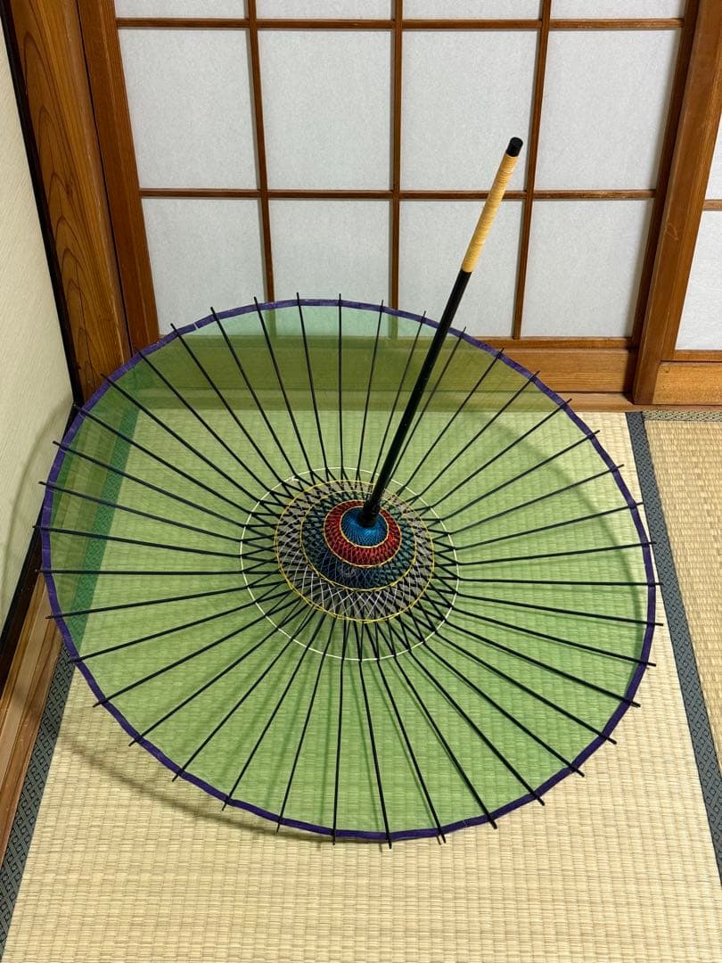 蛇の目傘　番傘　絹　シルク　緑　和傘　傘　二段継　舞踊　大衆演劇　着物　撮影