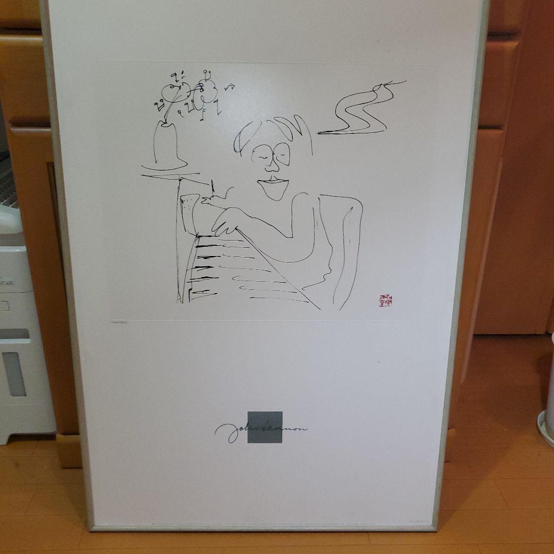 ジョンレノン、リトグラフ線画 鉛筆画 人物と植物