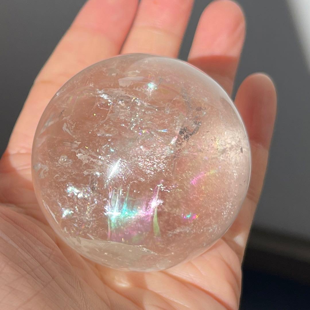 天然石 本水晶 高透明度 虹 レインボー 水晶 丸玉 原石