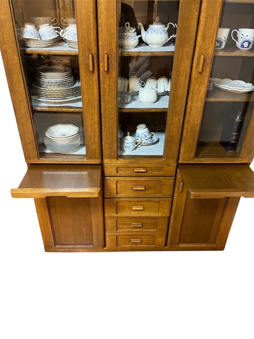 木製食器棚 ブラウン 大きめ ガラス扉付き