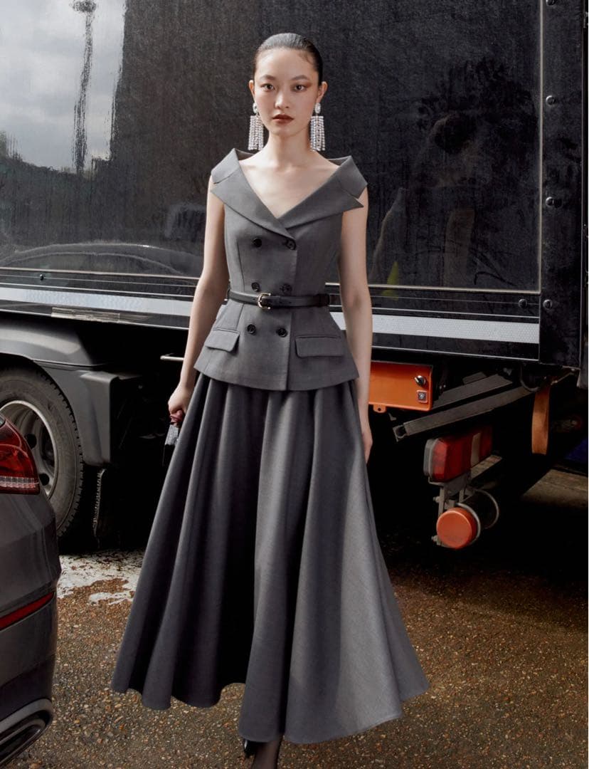 a*u様 self-portrait グレー ウール ミディ　ドレス ワンピース