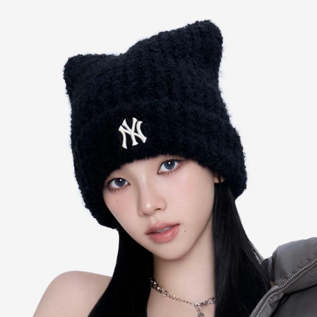 韓国　MLB korea 猫耳　ニット帽　ブラック　カリナ　新品 紐付き