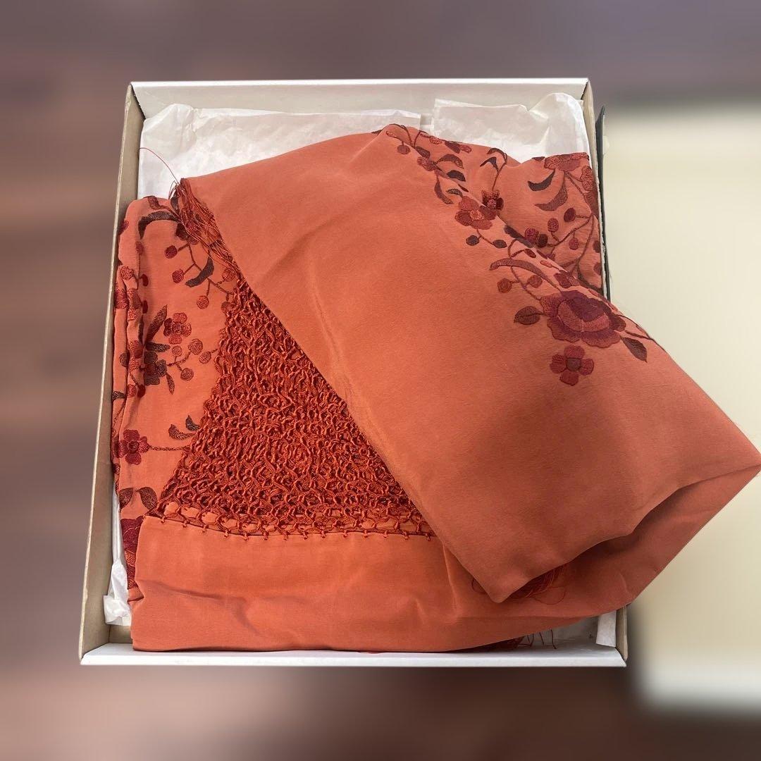 新品！シルク製高級マントン・オレンジ地赤刺繍　フラメンコ⭐︎ショール⭐︎衣装