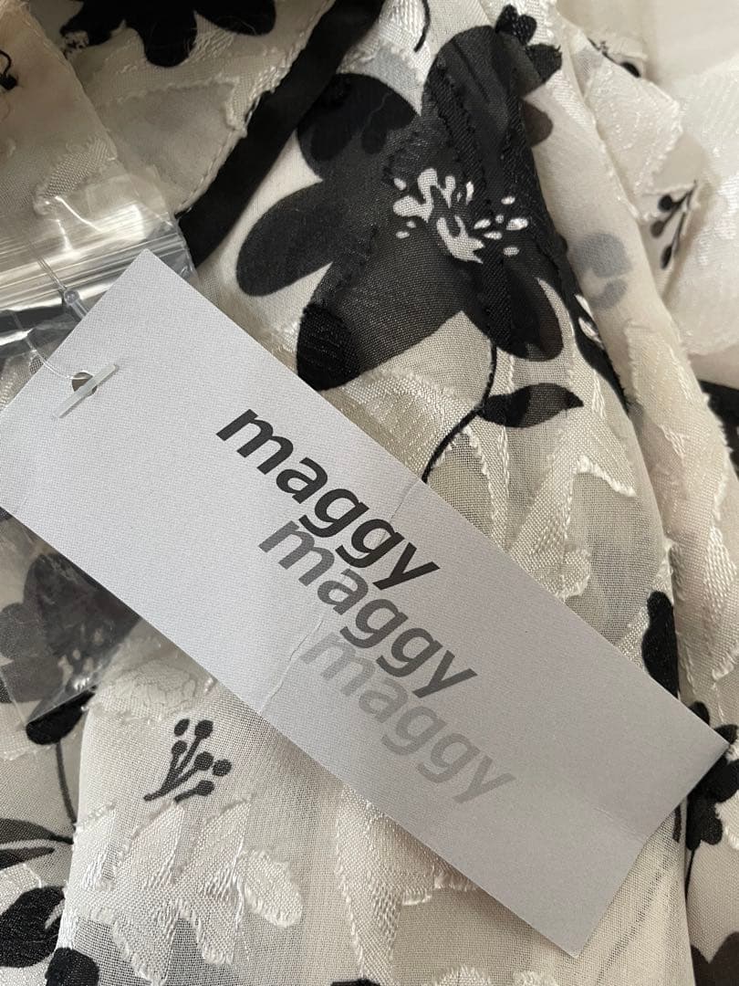 【3/15迄値下げ】新品モノトーンフラワー刺繍 シフォン長袖ロングワンピ