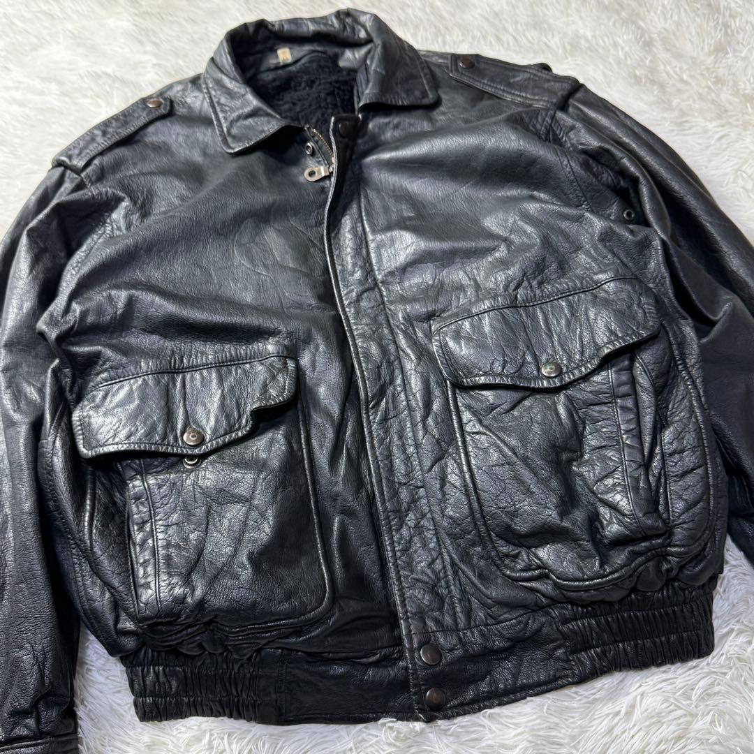 90s A-2 ブラックレザー フライトジャケット L ボアライナー付 黒
