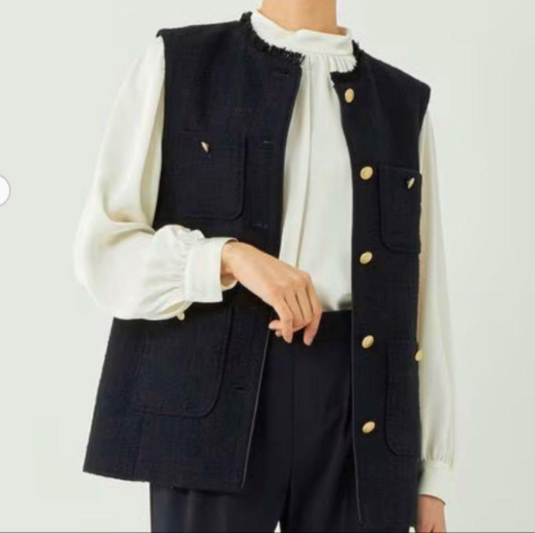 美品 グリーンレーベルリラクシング ツイード フリンジ ポケット ベスト ジレ
