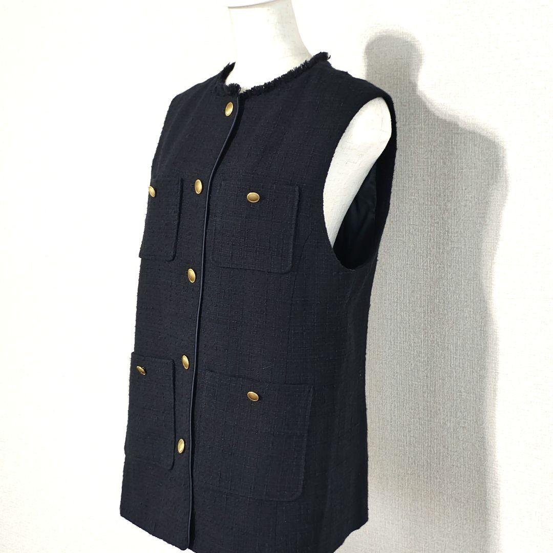 美品 グリーンレーベルリラクシング ツイード フリンジ ポケット ベスト ジレ