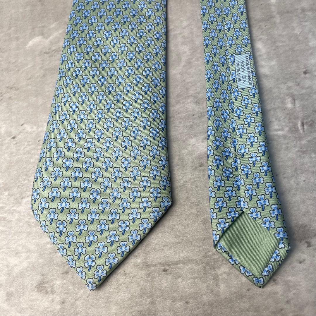 美品 HERMES エルメス クローバー 葉っぱ柄 ネクタイ ライトブルー 黄緑