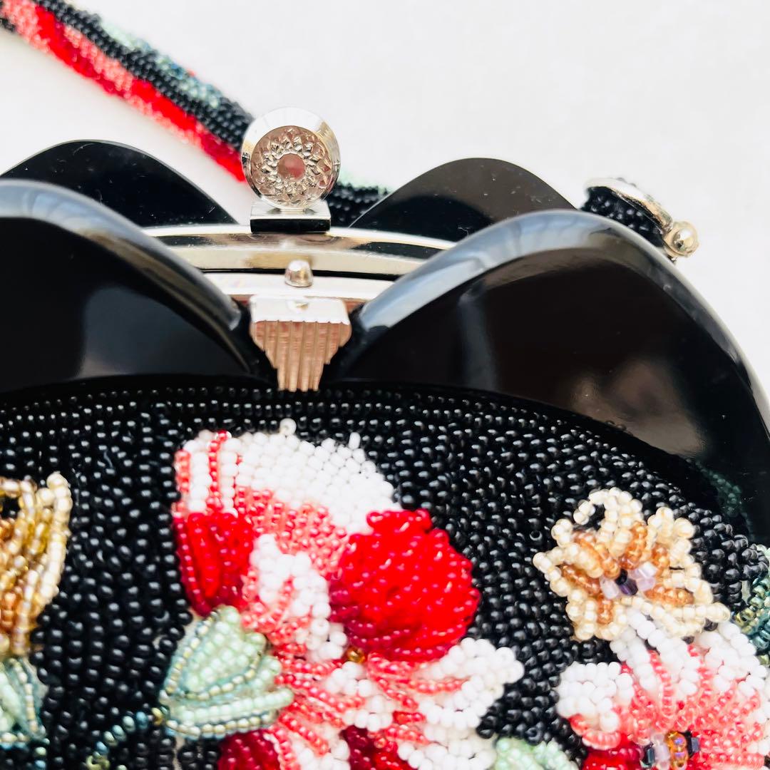 ビーズバッグ 花柄 ハンドバッグ 和装小物 新品未使用 がま口 黒