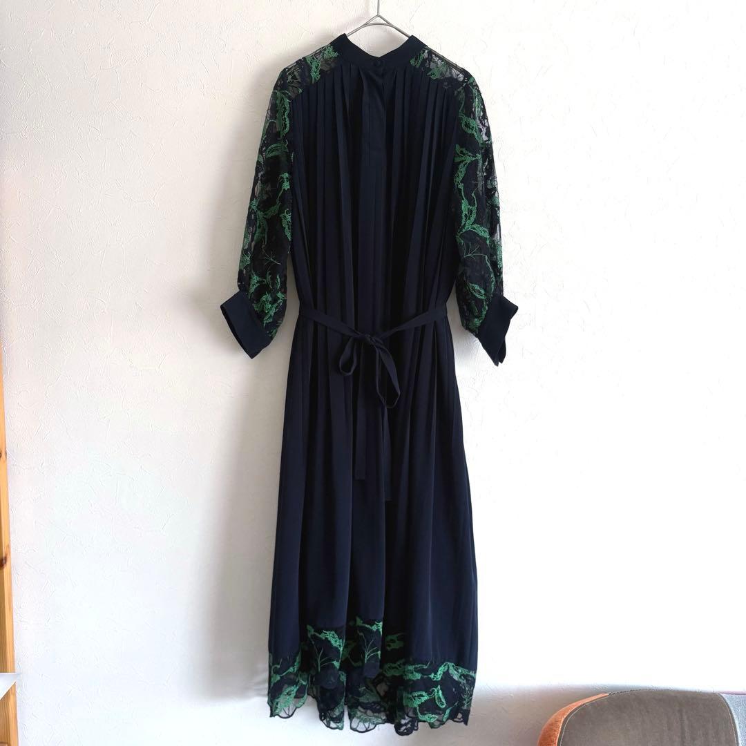 PANORMO パノルモ レーススリーブ プリーツ ドレス ワンピース ネイビー