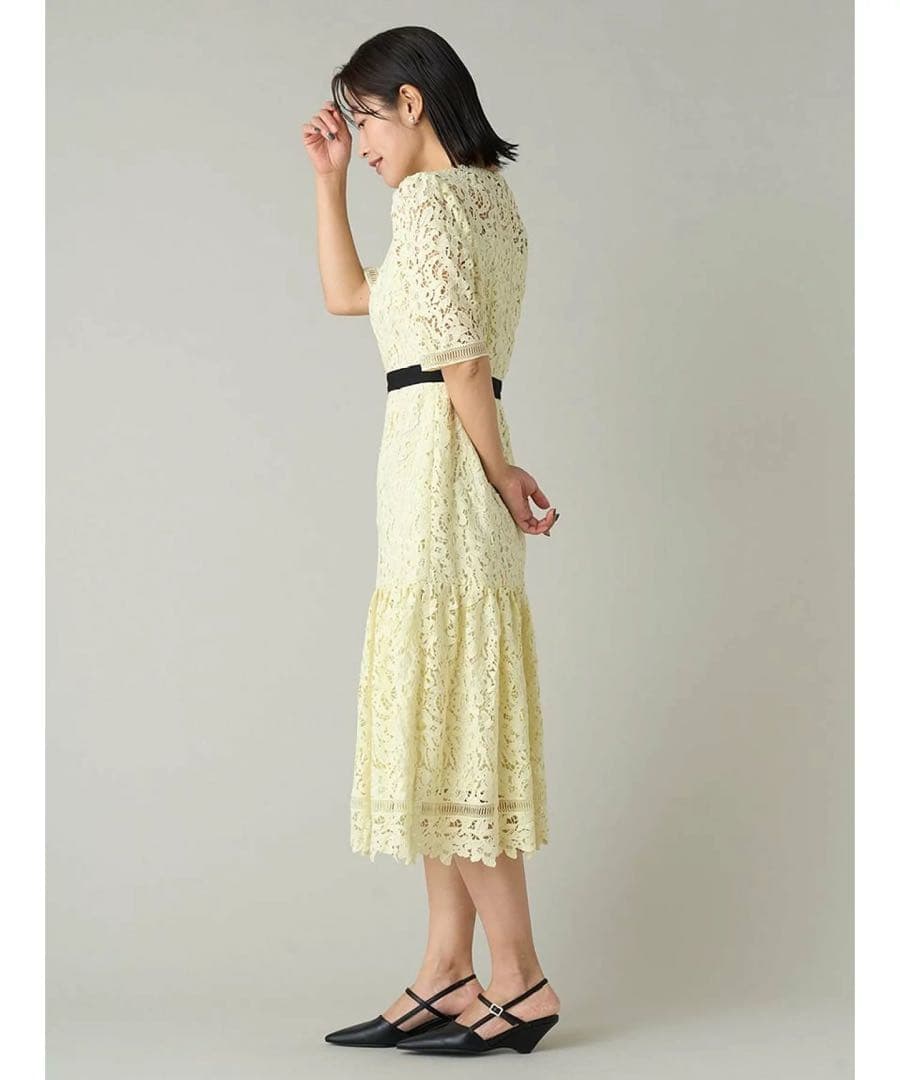 (未使用級)セルフォード　レースワンピース　Aライン　ロング丈　ライムグリーン