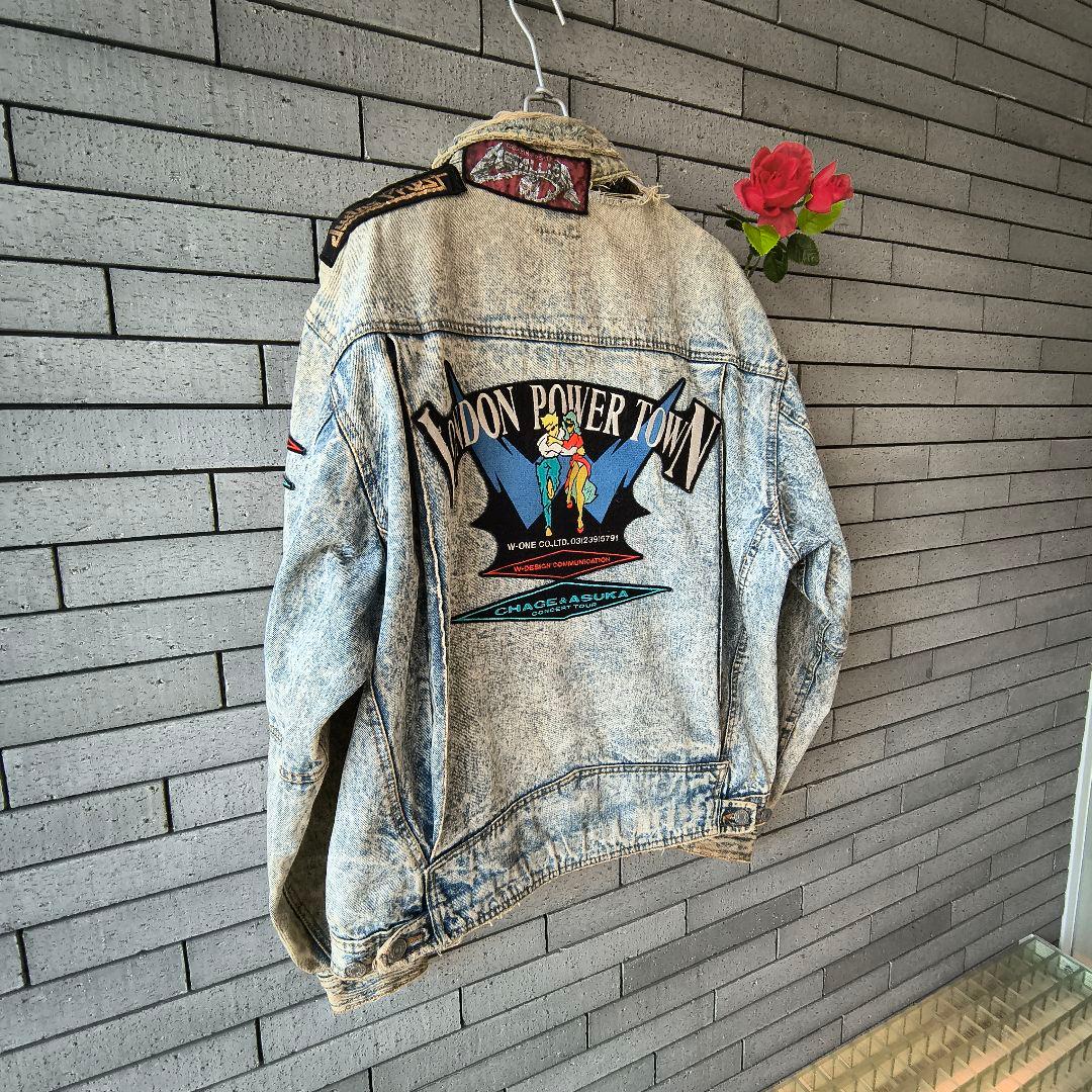 ♠90’ヴィンテージ✨希少品　デニムジャケット　Gジャン　ダメージ　ワッペン　L