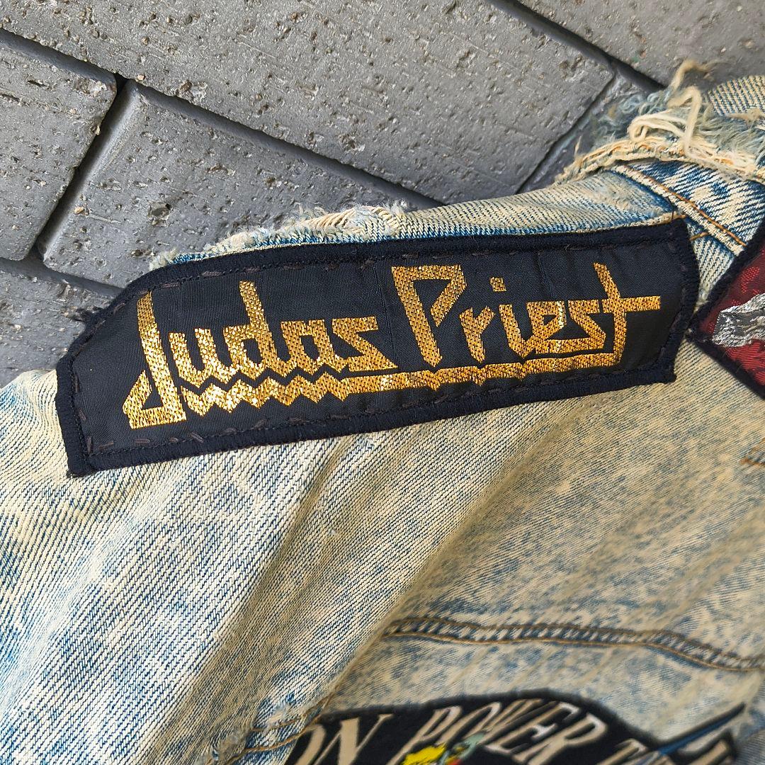 ♠90’ヴィンテージ✨希少品　デニムジャケット　Gジャン　ダメージ　ワッペン　L