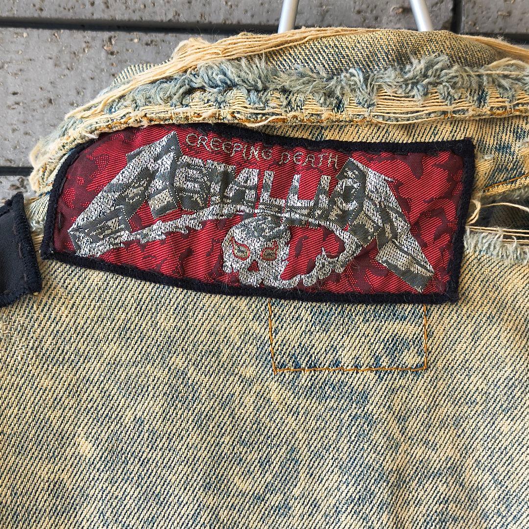 ♠90’ヴィンテージ✨希少品　デニムジャケット　Gジャン　ダメージ　ワッペン　L