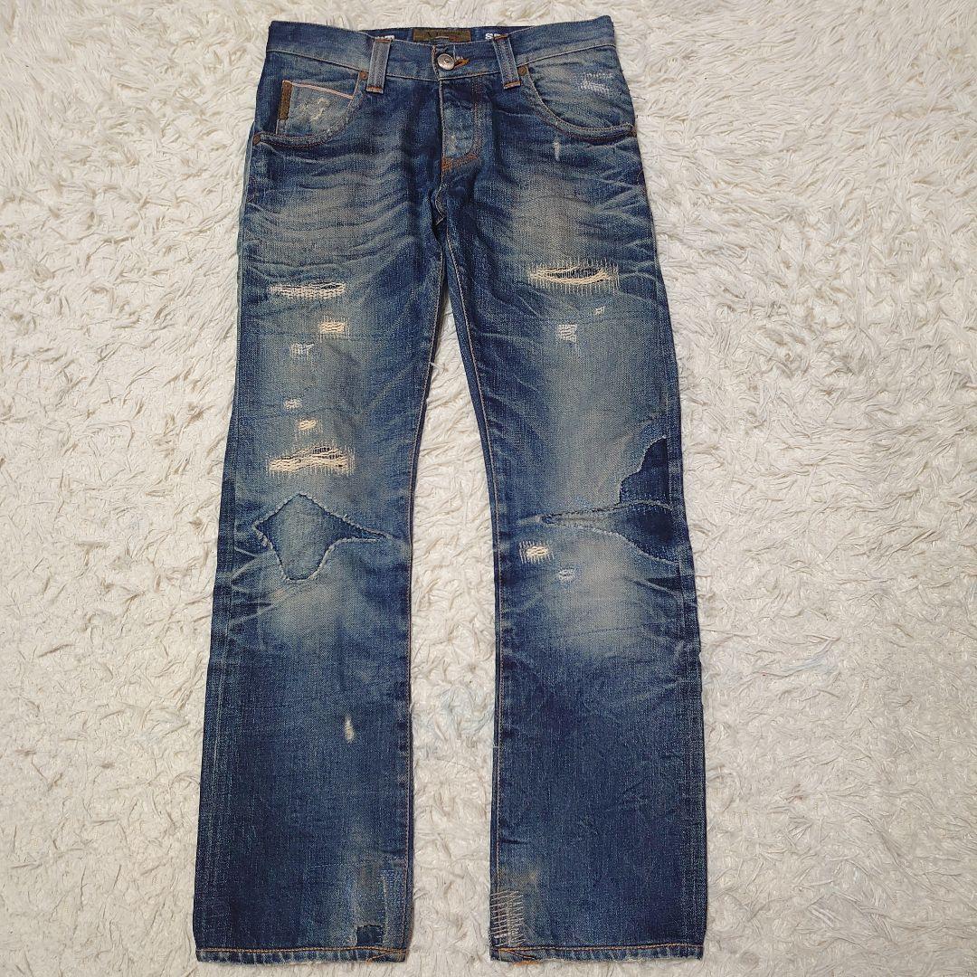 アルマーニ ジーンズ ダメージ加工 ロゴプレート セルビッチ デニム