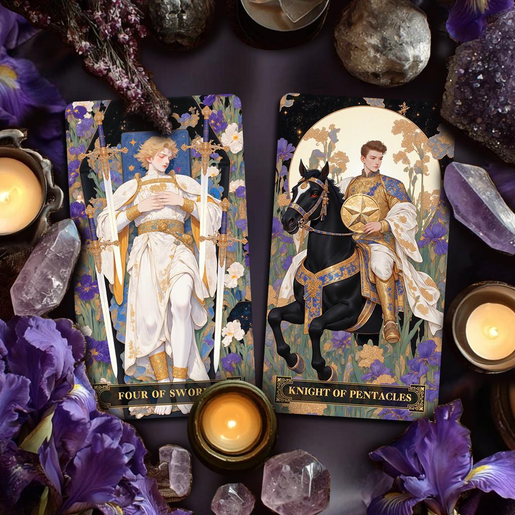 【正規品タロットカード】PVC製✨美麗アート✨美紫花とゴールドのデッキ スモール