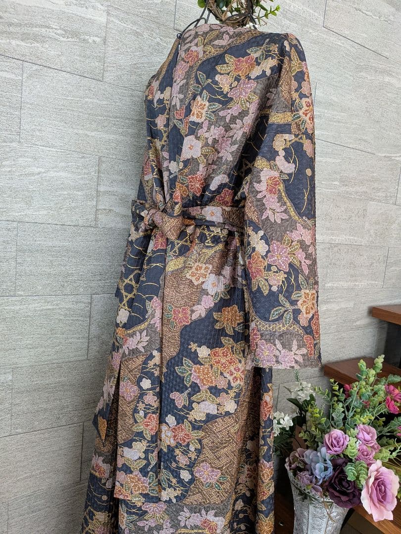 A285着物リメイク正絹小紋Aラインワンピース★リボン・ブローチ