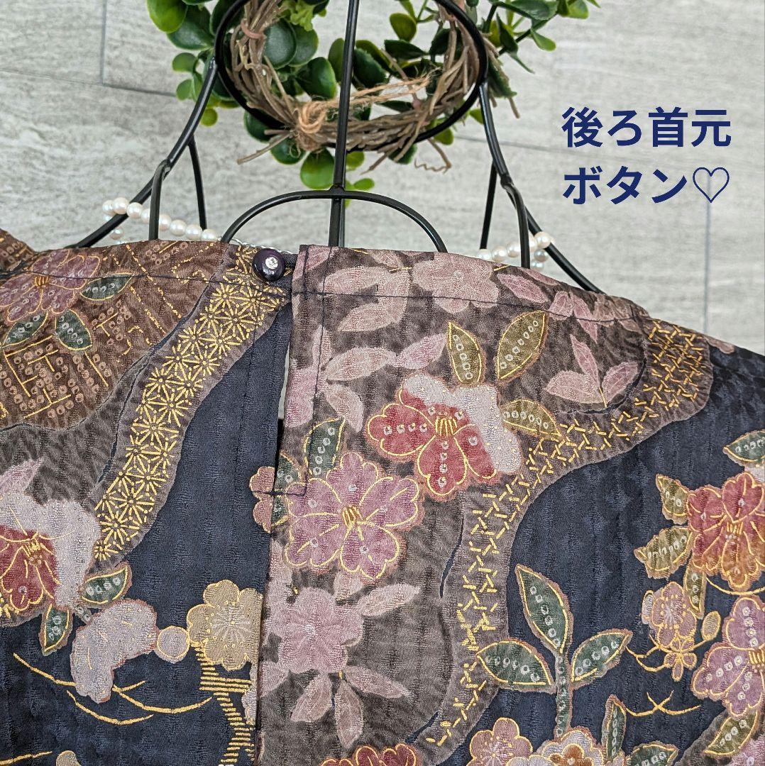 A285着物リメイク正絹小紋Aラインワンピース★リボン・ブローチ