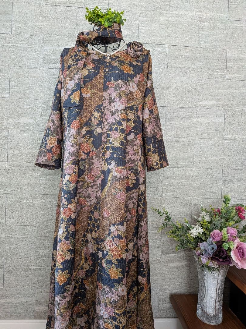 A285着物リメイク正絹小紋Aラインワンピース★リボン・ブローチ