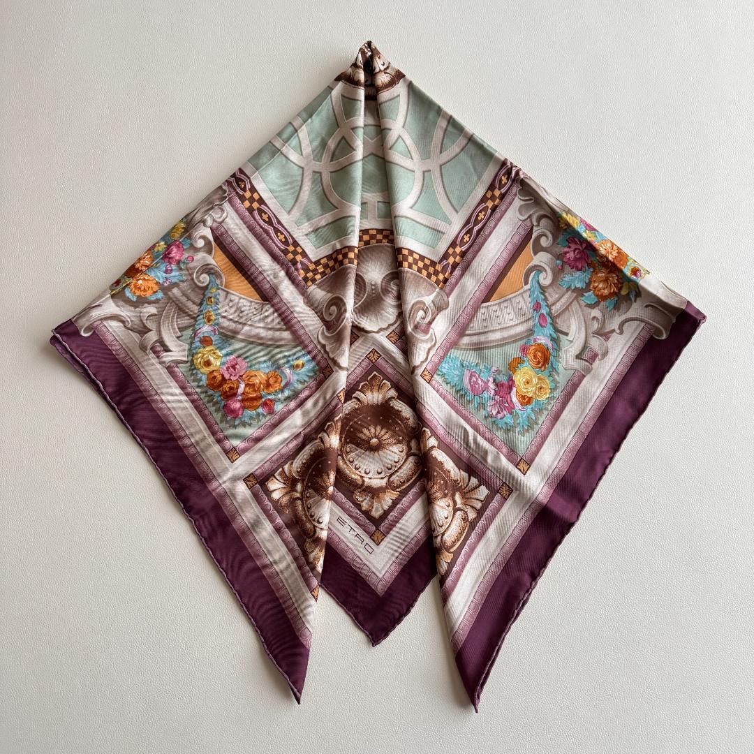 【極美品】ETRO エトロ シルク100% スカーフ 花柄 パープル イタリア