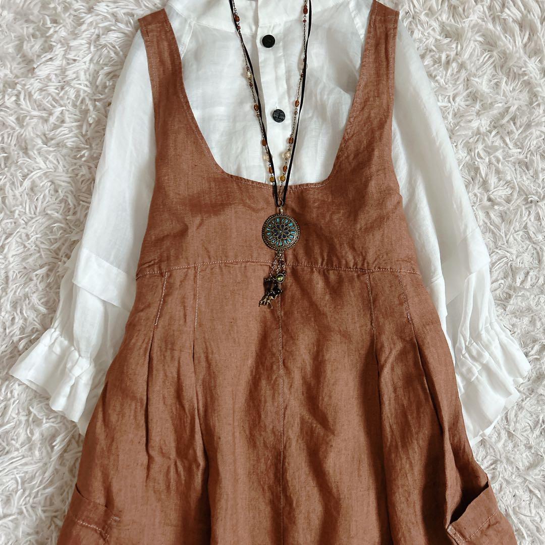 美品⁂センソユニコ⁂ロングワンピース　ジャンスカ　リネン　オールシーズン　茶　M