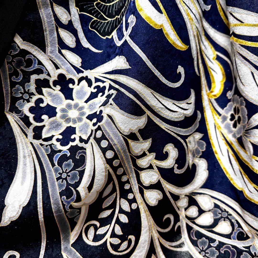 振袖　着物リメイク　ドレス　黒×薔薇や唐花　和柄　ワンピース　ハンドメイド