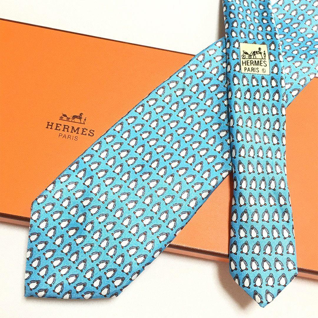 未使用級 エルメス HERMES ネクタイ シルク ブルー アニマル柄 ペンギン