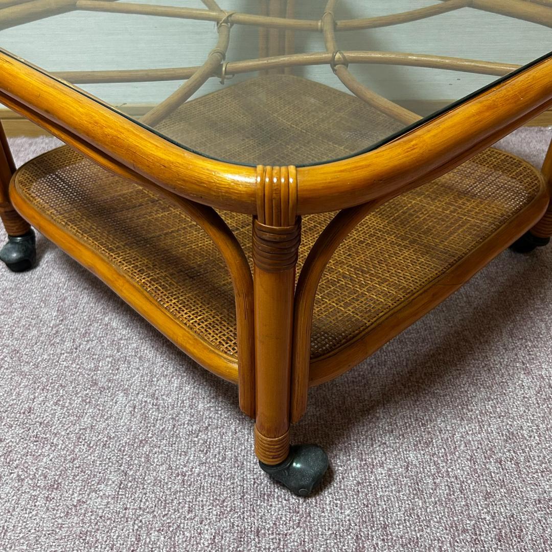 ヴィンテージ ガラス ラタン 籐 テーブル コーヒーテーブル レトロ　キャスター