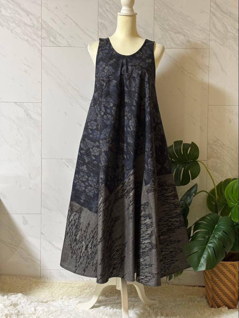 3-10大島紬リメイク　大島紬ロングワンピース　大島紬ジャンパースカート