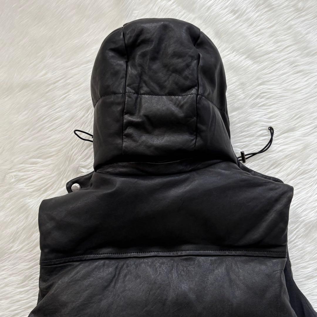 Blue Work ラムレザー ダウンベスト 黒 サイズ2 フード着脱可 本革