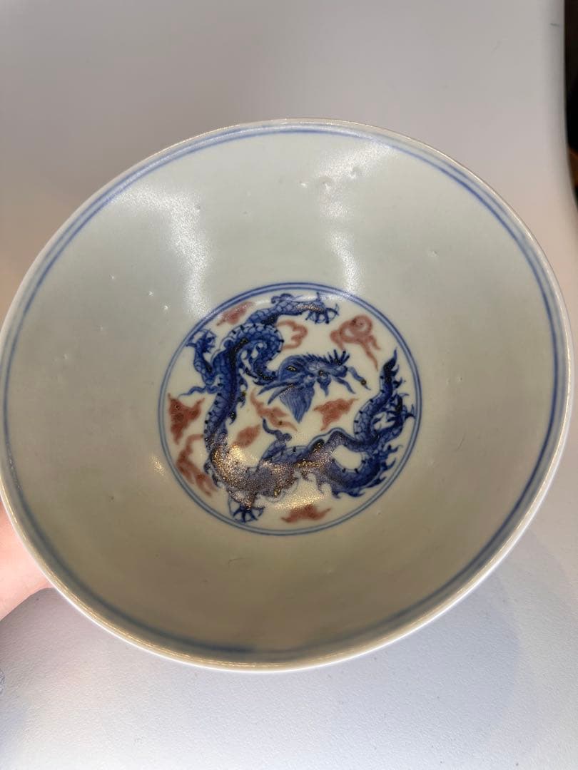 大明宣徳年製底款 高台高杯 青花染付 二龍戯珠文 瑞雲文 果子器 古董品 古陶磁