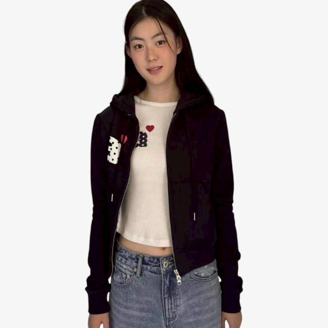 aeea ドット柄 クロップドパーカー ネイビー レディース 韓国