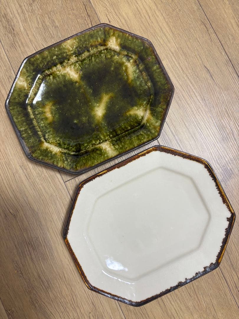 大沼道行 八角長皿 Lサイズ 織部(枝文)フチ黒 皮鯨 作家さん