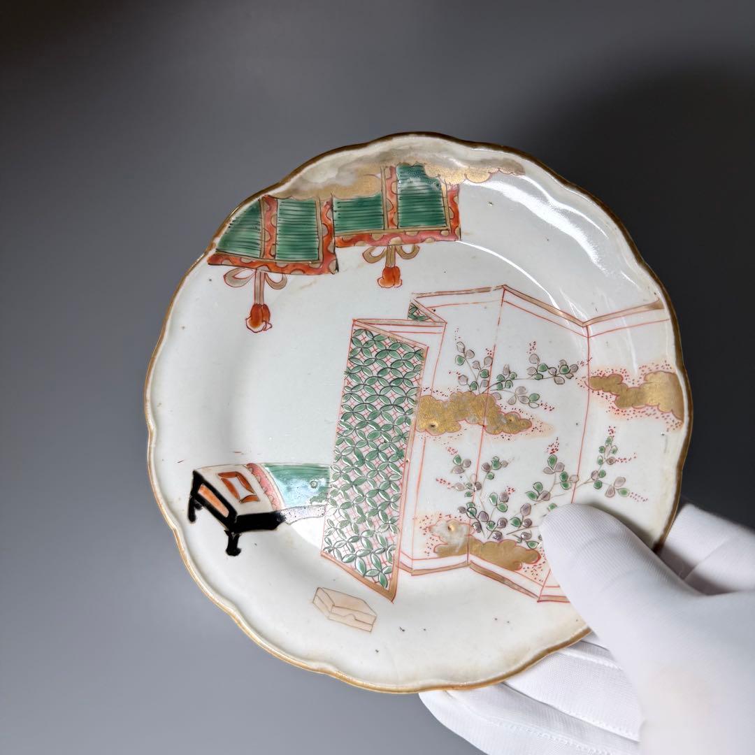 江戸後期〜明治　古伊万里　色絵屏風文様輪花形五寸皿　五枚　15.6cm　料理屋