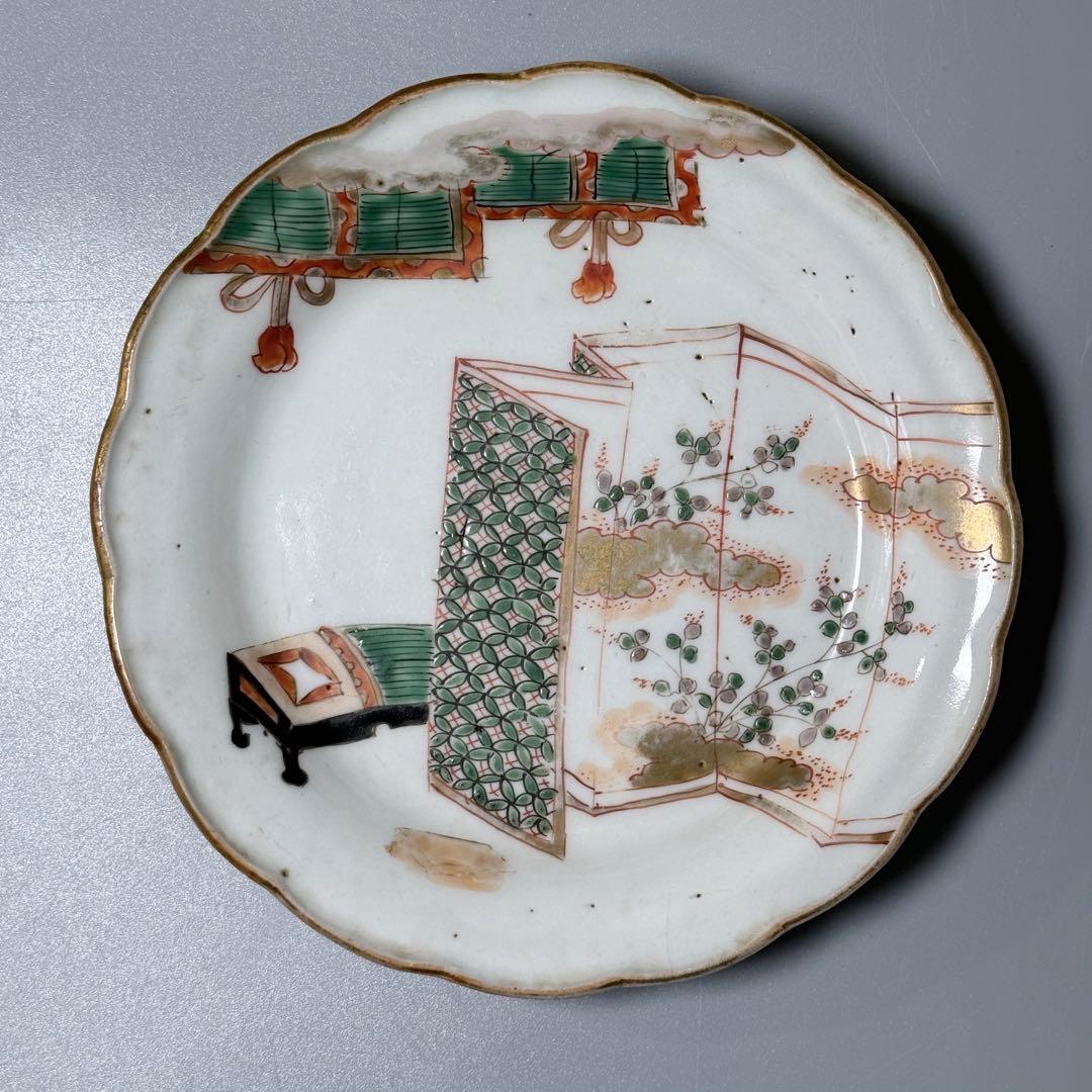 江戸後期〜明治　古伊万里　色絵屏風文様輪花形五寸皿　五枚　15.6cm　料理屋