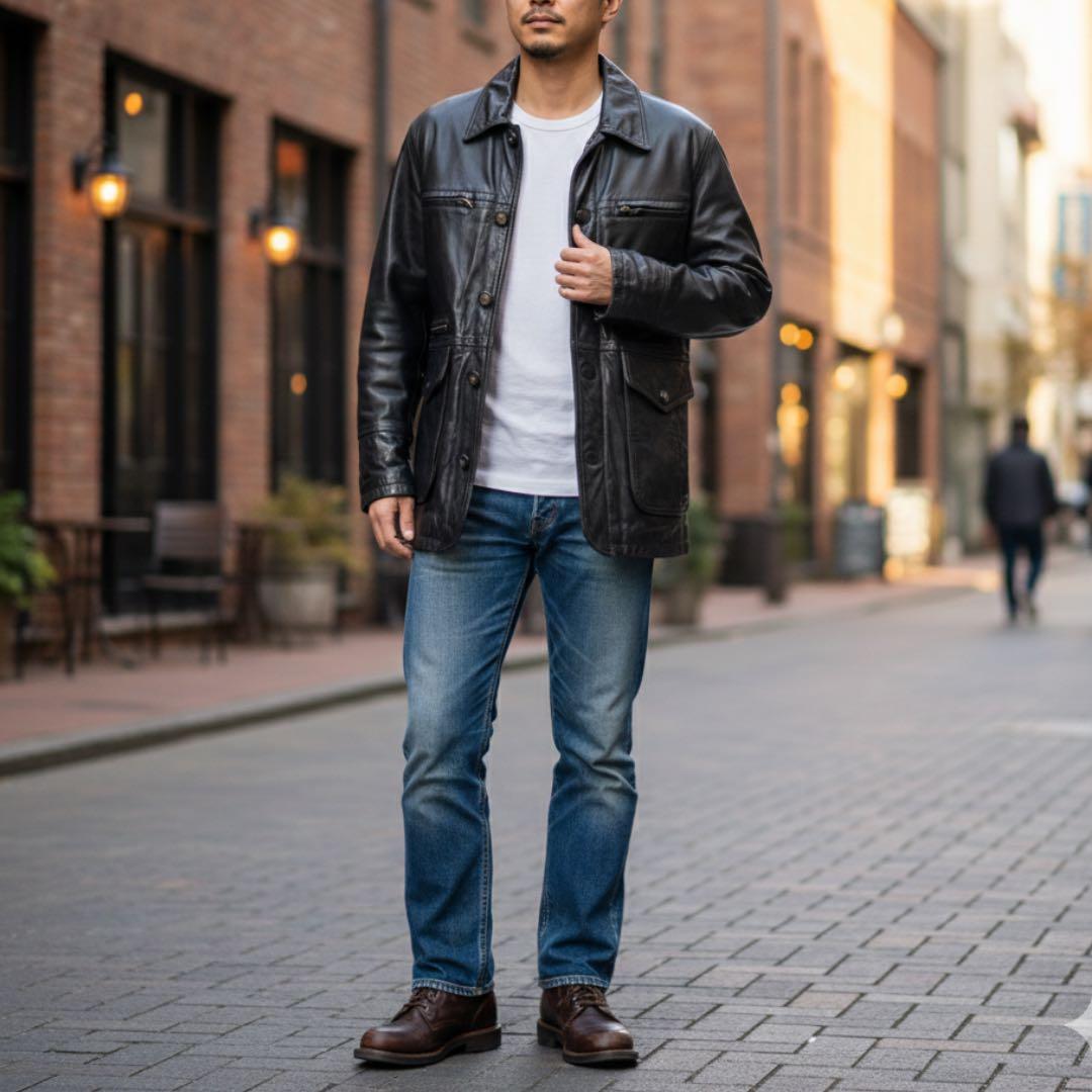 高級本革✨ラムレザーコート 裏地総柄 オクラホマ州章ボタン 黒 L〜XL相当